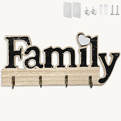 Echehi Porte Clef Mural en Bois Home Deco, Auto-Adhésif ou Perforé, 3 Possibilités d'installation du Porte Clé Mural, Accroche Clé Mural pour la Maison. Noir