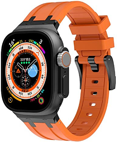 VeveXiao Bracelet robuste de luxe compatible avec Apple Watch Ultra Band 49mm 45mm 44mm 42mm, bracelet de rechange étanche en silicone pour iWatch Series 8 7 6 5 4 3 2 1 SE, Noir orange