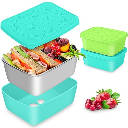 Oyrlize 4Pack Stainless Steel Snack Containers (18oz/1.6oz) - Reusable Small Lunch Boxes with Leakproof Metal Mini Bento Box & Dip Containers