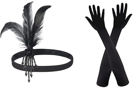 SKHAOVS 1920s Stirnband Feder Damen 20er Jahre Accessoires, Flapper Great Gatsby Accessoires, Gatsby Kostüm Accessoires, Langen Handschuhen, Karneval Kostüm Damen Accessoires (2 Stück)