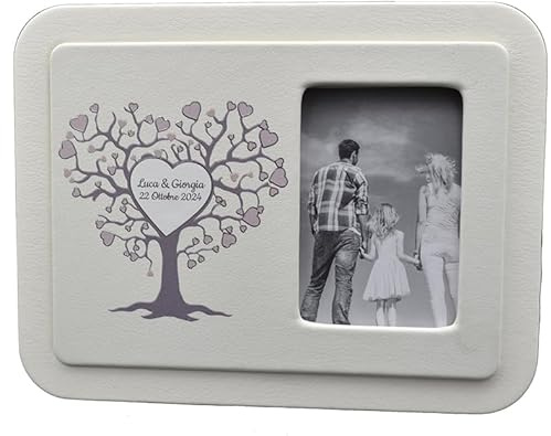 SET 18 Portafoto da tavolo in ecopelle ALBERO DELLA VITA CUORE PERSONALIZZABILE in scatola. Bomboniere, Battesimo, Comunione, Cresima, Laurea, Matrimonio, Anniversari. Originali moderni (ARGENTO)