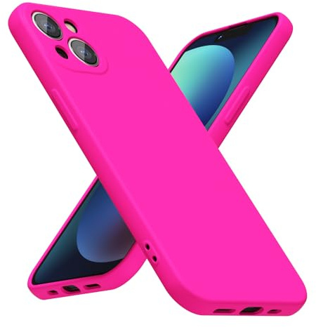 LoeoeL for iPhone 13 Phone Case Silicone, Fluorescent Neon Hot Pink Bright Color Matte TPU, Minimalist Ultra Thin Slim Soft Rubber Gel Girly Cute Case for Women Men, Camera Cover Protection