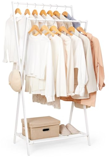 Yorbay Kleiderständer Bambus, Freistehender Garderobenständer, Garderobe mit Kleiderstange for Schlafzimmer, Verstellbarer Garderobenständer mit Lagerregal multifunktionaler (Weiß)