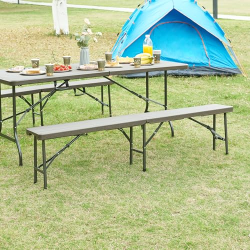 [en.casa] Set di 2 Panche Pieghevoli per Giardino Picnic Campeggio Panche da Birra Portatili per Eventi all'Aperto 180 x 25 x 43 cm Marrone Effetto Legno