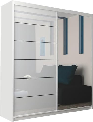 MN Furniture Amsterdem High Gloss Sliding Mirror Door Wardrobe Space Saving Cupboard Bedroom Closet (White, 200cm)