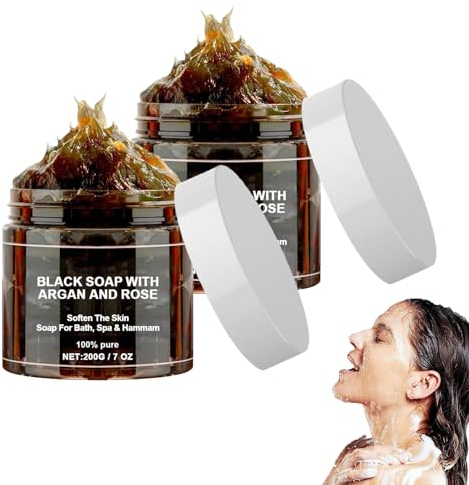 Generisch Lot de 2 savons noirs marocains à l'argan et à la rose, savon noir marocain 100 % organique, exfoliant pour le corps, gel douche exfoliant pour peau douce