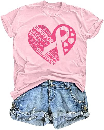 tiorhooe Octobre Rose T-Shirt Ruban Rose T Shirt Femme Cancer du Sein Tee Shirt