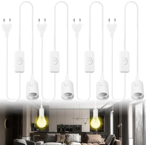 WIYETY Portalampada E27 con interruttore: 4 pezzi con cavo da 4,5 m, attacco per lampada a sospensione – Bianco