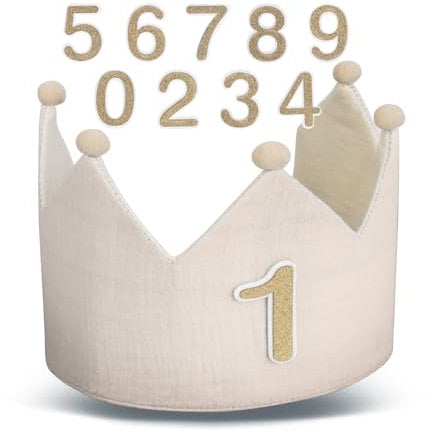 Moorle Geburtstagskrone für Jungen & Mädchen, 1-10 Jahre, Krone mit austauschbaren Zahlen, Beige
