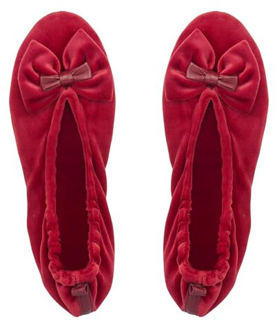 GLOVE STORY Women's Velour Ballerina Slippers with Soft Leather Sole – Soft and Comfortable Material – Soft Women's Ballerina Slippers – Handcrafted (Stripes M), Red, 8 UK