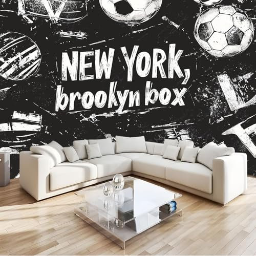 3D Papier Peint Panoramique Tapisserie Intissé Murales Football Noir De Dessin Animé New York City, Papier Peint Enfant pour Salon Chambre Décoration Murale, Papier Peint 200x140 cm Chambre Enfant