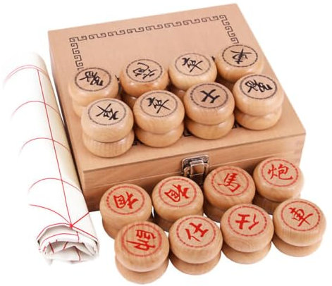 Xiangqi Jeu d'échecs chinois en bois de hêtre, 4 cm de diamètre, avec échiquier et boîte en bois
