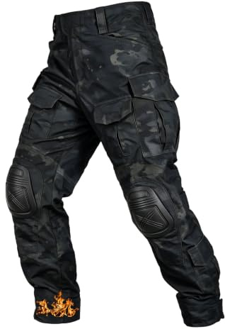 OCANXUE Taktische Hose für Herren, mit Fleece gefüttert, mit Knieschonern, lässige Thermo-Cargohose, Winter, warme Wanderhose mit 10 Taschen