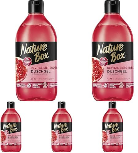 Nature Box revitalisierendes Duschgel mit Granatapfel-Duft (385 ml), Duschpflege mit kaltgepresstem Granatapfel-Öl, Flasche aus 100% recyceltem Social Plastic (Packung mit 5)