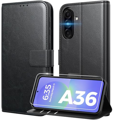 Peakally Handyhülle für Samsung Galaxy A36 5G Hülle [Mit 1 Stück Panzer Schutz Glas] [Premium PU Leder] [RFID-Blockierung] [Kartenfach] Klapphülle kompatibel mit Galaxy A36 5G / A36 4G - Schwarz