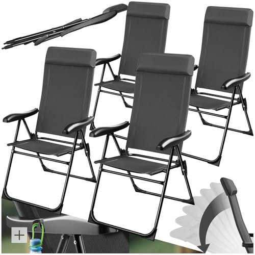 tectake® Silla de Camping Plegable de Aluminio, Respaldo Ajustable 7 Posiciones, Tejido Transpirable, Reposabrazos Ergonómicos, Cojín Extraíble, Pies Antideslizantes, Ideal Acampada y Playa - 4 sillas