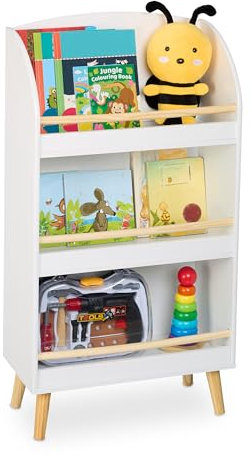 Relaxdays Bücherregal Kinder, HBT: 95,5x50x24 cm, 3 offene Fächer für Bücher, Kinderbücherregal, Kinderregal, weiß/natur