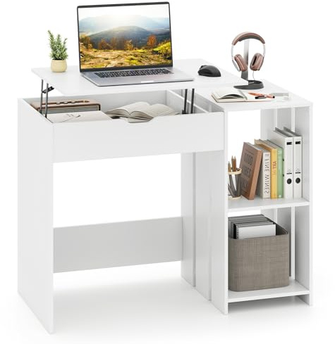 COSTWAY Schreibtisch mit anhebbarer Tischplatte, Kleiner Computertisch ausziehbar, Kinderschreibtisch mit 2 offnen Fächern, moderner Bürotisch PC-Tisch für Zuhause Büro, Weiß, 100 x 49 x 75 cm