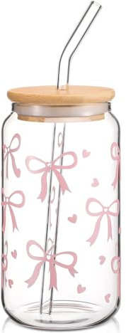 AXERHK Bubble Gläser, Trinkbecher mit Deckel und Strohhalm, 16 Oz Glas mit Deckel und Strohhalm, Schleife Glasbecher, Vielseitiges Trinkglas Für Bubble Tea, Kaffee Oder Cocktail (rosa)