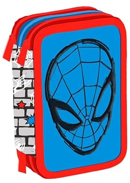 Maricart | Federmäppchen für Mädchen und Jungen groß Federtasche 3 Fächer Komplett mit Stiften, Markern, Schulmaterial für Grundschule - Spiderman