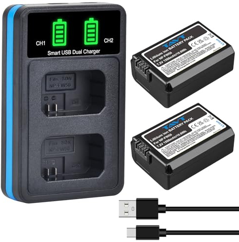 TAVT 2-Pack NP-FW50 Battery and Charger for Sony ZV-E10, A6000, A6300, A6500, A6400, A7RII, A7, A7R, A7II, A7SII, A7S, A5000, A5100, NEX-3N NEX-5 NEX-6, NEX-7, A33, A35, A37, A55, DSC-RX10/II/III/IV