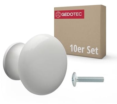 Gedotec 10 Stück Möbelknopf URSULA Holz Weiß lackiert Ø 35 mm mit Messinggewindeeinsatz Schraube M4×25 mm | Massivholz Knopf Möbelgriff Holzknauf Schrankgriff Schubladengriff Kommodengriff