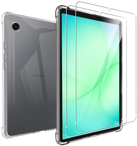 MEMELOKA Hülle für Samsung Galaxy Tab A11 8.7 Zoll mit 2 Stück Schutzfolie, Weiche Stoßfeste Anti-Gelbfärbung Silikon Schutzhülle mit Verstärkten Airbags - (Transparent)