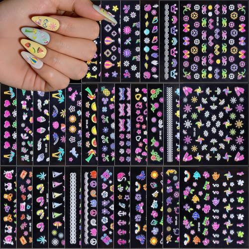 BelleFlair 30 Blatt Nagelsticker Kinder Selbstklebend, 3D Glitter Nail Art Aufkleber Set, Bunte Blumen Obst Herz Motive, Frühling Sommer Sticker für Nägel, Maniküre Dekoration für Mädchen Frauen