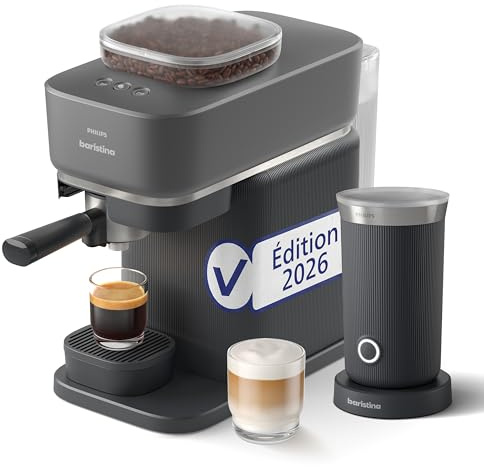 PHILIPS Baristina Espressomaschine mit Milchaufschäumer, Schwarz, 16 Bar | mahlt, tampt & brüht automatisch, leichte Reinigung, Keramikmahlwerk (BAR308/60)