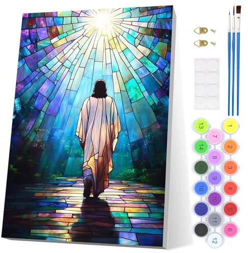 EOBROMD Jesus Paint by Numbers for Adults with Frame, Stained Glass Paint by Numbers Kits, Acrylic Easy Painting by Numbers for Gift Home Wall Decor 8x12in