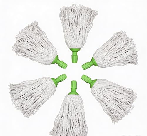 Cotton String Mop Head Replacements, 5-Pack, Super Absorbent, Heavy Duty, Universal Screw-On Design, 12 Socket, for All Floor Types (Green)
