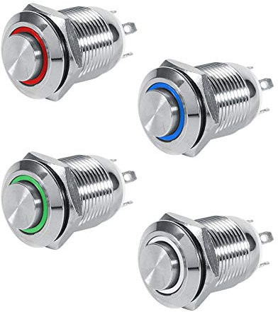 Qiilu 12v Bouton Poussoir, Bouton Poussoir 12mm Cercle LED Étanche En Métal Momentané Interrupteur Haute Flush 4 Broches 1NO(bleu)