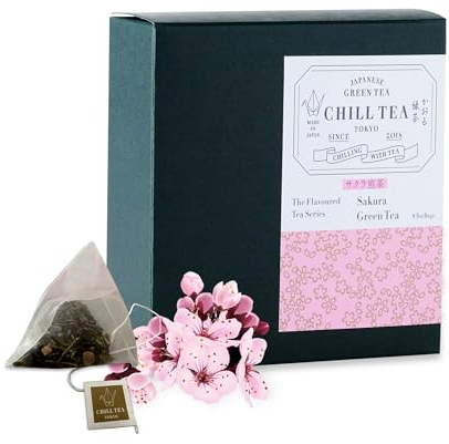 Thé aux feuilles de cerisiers de CHILL TEA Tokyo - Thé cerisier en fleur 100% japonais- 100% sans plastique sachets - Saveur riche, fruitée et florale (8 sachets)