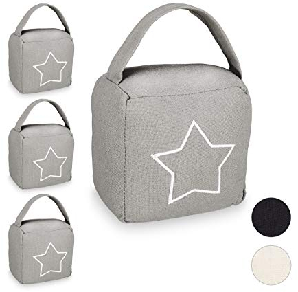 Relaxdays 4 x Türstopper Sack, moderner Türsack in Vintage Design, Boden, Stofftürstopper mit Griff, HBT: 18,5 x 14 x 10 cm, grau
