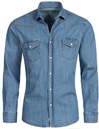 Rock Creek Herren Jeans Hemd Herrenhemd Denim Jeanshemd Vintage mit druckknöpfen Regular Fit Stehkragen Kentkragen Langarm H-199 Hellblau S