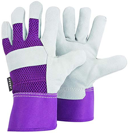 FZTEY Ladies Garden Gloves, Reinforced Leather Heavy duty Thick Gauntlets For Men and Women Kids Festival Gift, Safety Protective Work Rigger Washable Gripper (Medium, Violet, 1 Pairs)
