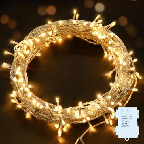 ANSIO Lichterkette Weihnachtsbeleuchtung, 100 LED Warm weiß Iinnen, batteriebetrieben - 10m / 33ft beleuchtete Länge mit 1m / 3.3ft Lead Wire Klares Kabel