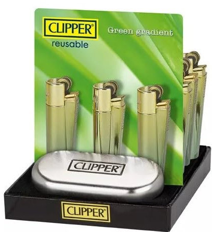 Clipper Metal Flint Lighter, Refillable, with Free Tin Box Gift Set, Pack of 1 (GREEN GRADIANT)