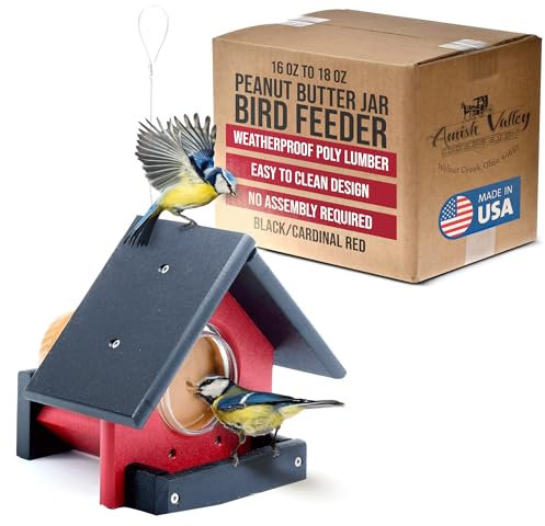 Amish Valley Products Peanut Butter Jar Bird Feeder Poly Wood Hanging Cable Outdoor Weatherproof (Black/Cardinal Red)