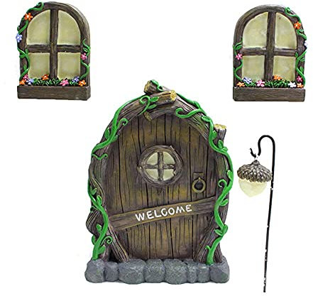 Set of 4 Fairy Door and Window for Tree, Mini Fairy Garden Glowing in the Dark with Lantern - Creative Garden Miniatures Tree Hugger Garden Sculptures Yard Art for Outdoor Trees Door