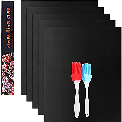 LJJ 5pc Tapis de Cuisson Barbecue, Non Stick Four en Téflon Tapis de Cuisson, Feuilles de BBQ Réutilisable Extérieur, 40x33cm, pour Barbecue à Gaz, Électriques et Charbon