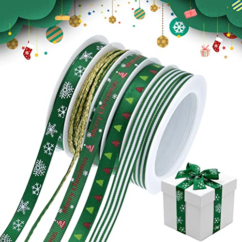 Cinta navideña para envolver regalos, rollo de cintas Navidad verde para manualidades de 10mm 27yardas, cintas y adornos de satén grosgrain para la elaboración Hacer arco Guirnalda Árbol Decoración