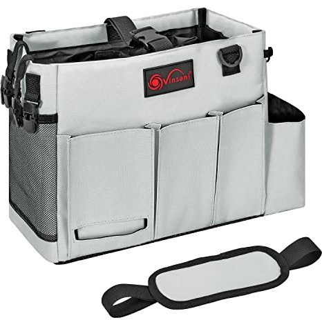 Vinsani Cleaning Caddy Storage Organizer with Handle & Adjustable Strap | Foldable Multifunctional Storage Bag for Kitchen, Bathroom, Garden & Household Cleaning Tools - Large, Light Grey