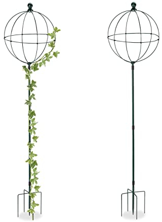 Relaxdays Supporti ad Obelisco per Rampicanti con Sfera, Set da 2, Alti 170 cm, Graticolati per Piante Rose, Verde Scuro, Ferro