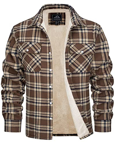 MAGCOMSEN Winterjacke Herren Karierts Hemd Gefüttert Baumwolle Hemdjacke mit Multi Taschen Männer Übergangs Thermohemd Button-Down Plaid Jacke Outdoor Holzfällerhemd Braun XL