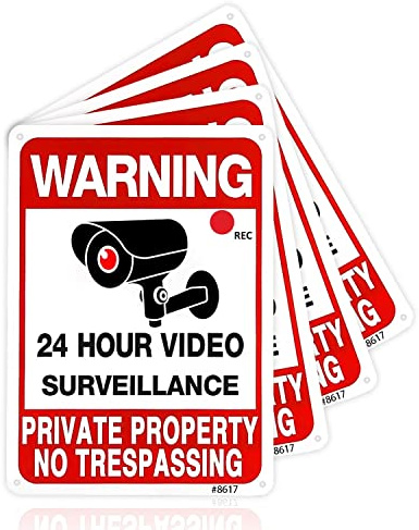 Lot de 4 panneaux « No Trespassing » - Propriété privée - Panneaux de vidéosurveillance 24 heures pour la maison et l'extérieur - En aluminium - 17,8 x 25,4 cm - Panneaux d'avertissement pour