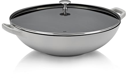 kela Gusseisen Wok mit Glasdeckel 36 cm CALIDO, Wokpfanne Induktion, Wokpfanne mit Deckel, emailliert, grau
