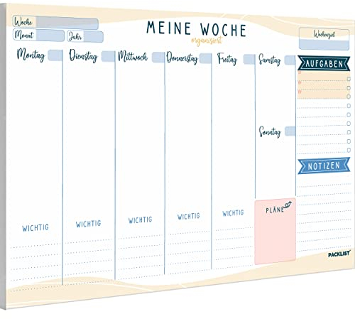 PACKLIST Wochenplaner Block A4 ohne Festes Datum. Terminplaner, Familienplaner mit Wochenziel, To-Do-Liste, TOP 3, Notizen, Pläne, Wichtig, großem Notizfeld - Exklusive Kalender mit ECO-Verpackung