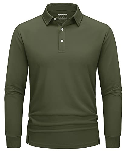 TACVASEN Herren Golf Shirt Longsleeve Sommershirts Schnelltrocknend Funktionsshirts Casual Polohemd Atmungsaktiv, Armeegrün, 3XL