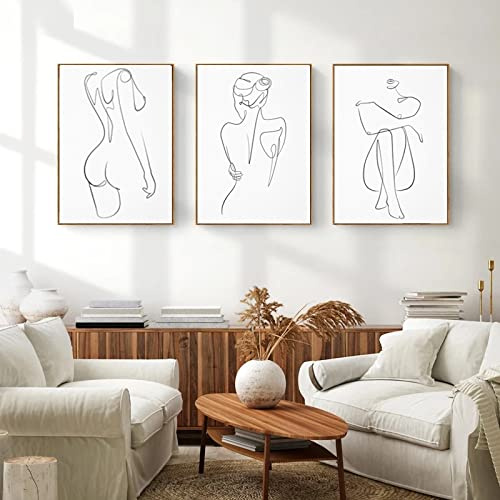 Nordische Frau Ein-Linien-Zeichnung Kunst Leinwand Malerei 3 Stücke Abstrakte Weibliche Akt Figur Poster Frau Körper Minimalistischer Druck Für Wohnkultur 40Cmx60Cmx3Pcs Kein Rahmen